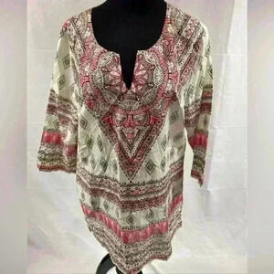 Tommy Bahama Paisley Multicolor V Neck  Tunic Top Blouse Sheer Cover Up Women M